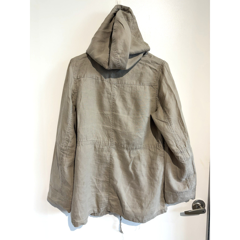100% Linen Utility Jacket Hooded Safari Minimalist Pockets Beige Cinched Sz-M - Picture 2 of 8